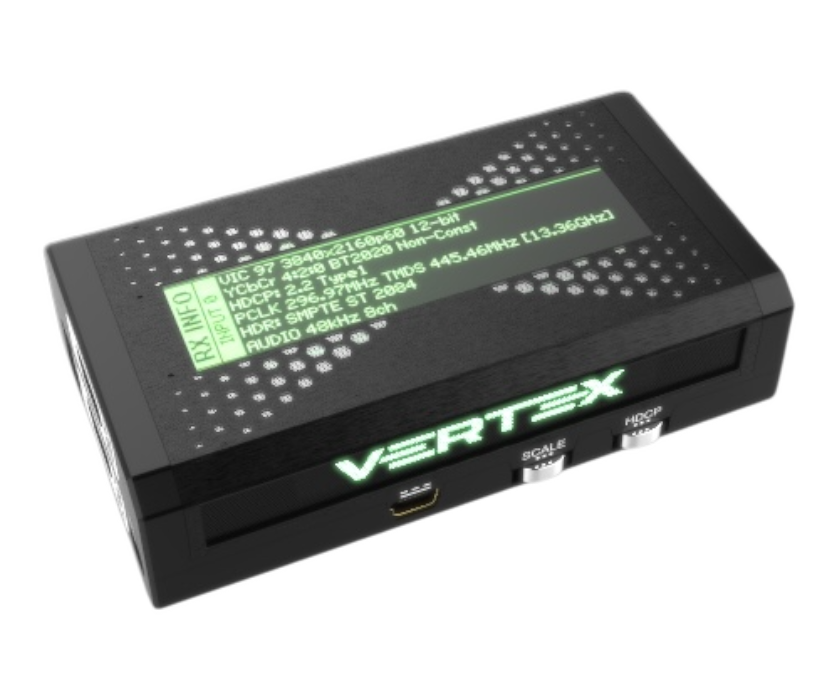 HDfury Vertex RX INFO auf dem OLED: 3840x2160p60 12-bit, YCbCr 4:2:0 BT2020, HDCP 2.2, HDR SMPTE ST 2084, 8-Kanal-Audio